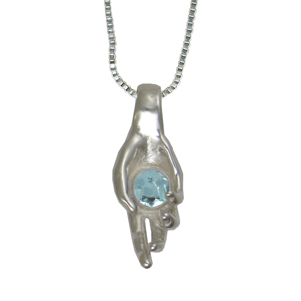 Sterling Silver Healing Hand Pendant With Faceted Blue Topaz